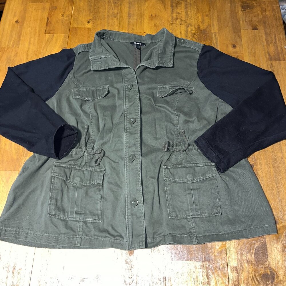 Utility Jacket with Knit Sleeves - Olive/Black